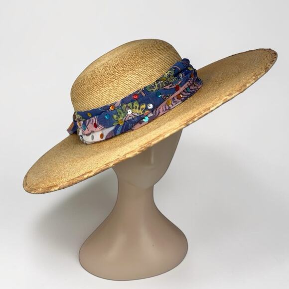 Y2K Oversized Straw Sun Hat Floral Scarf Coastal Palm Beach Vintage Paloma main image 2